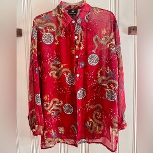 Red Dragon Print Button-Up Shirt